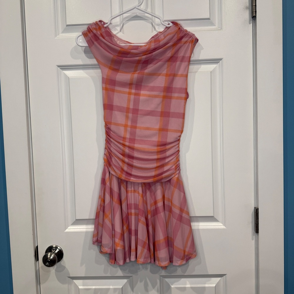 Altar'd State Pink Multi Plaid Cowl Neck Ruched Mini Dress Size Small - Picture 2 of 6